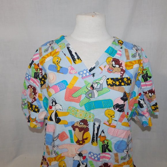Looney Tunes Womens XL Scrub Top Shirt Band Aids Taz Bugs Bunny Tweety Daffy - Picture 4 of 14